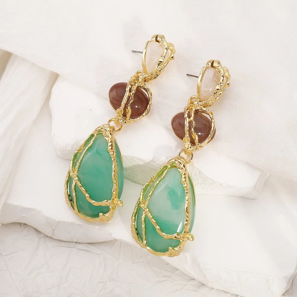 Trendy Geometric Green Stone Resin Dangle Earrings for Women