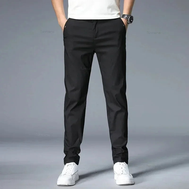 Summer Ultra-thin Men's Casual trousers Slim Straight Elastic Ice Silk Sports Jogging Pants Fashion Korean Black Khaki Green