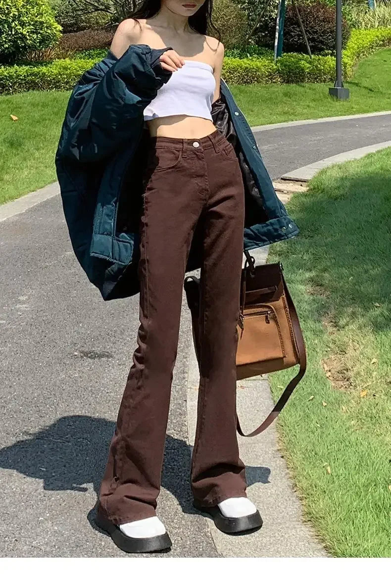 New Arrival Autumn High-Waisted Slimming Straight-Leg Jeans For Women Loose-Fit Brown Smoke Pants Trendy Fashion Denim Pants