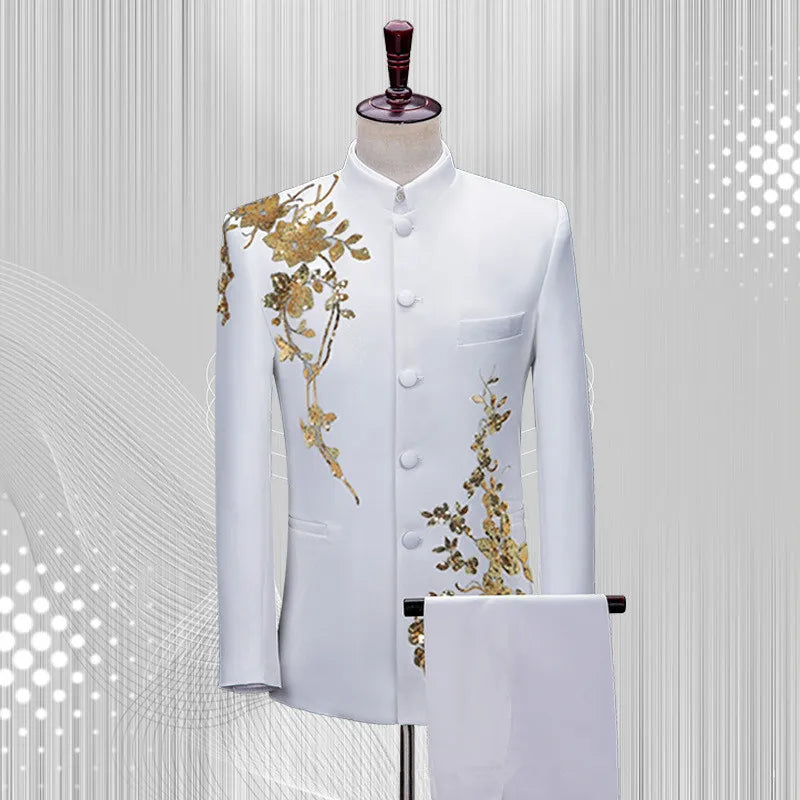 Herren Anzug Stehkragen Blumenmuster