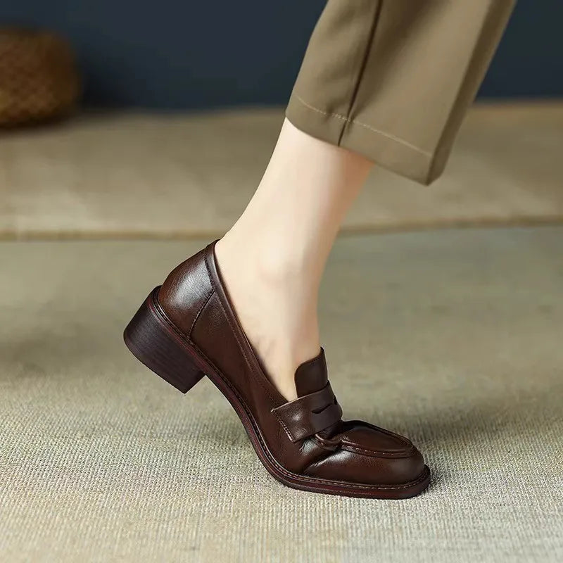 2024 Phoentin classic Loafers Women Genuine Cow Leather square Toe pumps Slip-on Retro Lady Casual cozy Shoes Handmade