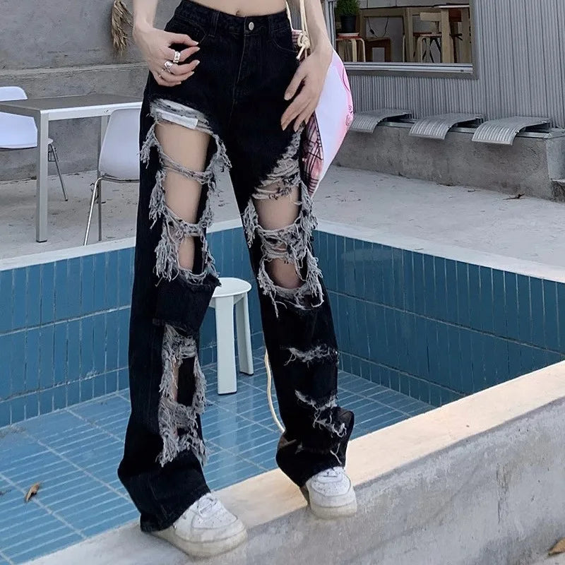 New Y2k Washed Mopping Pants Broken Hole Jeans All-Match Distressed Women High Street Hip Hop High Waist Straight Loose Trousers