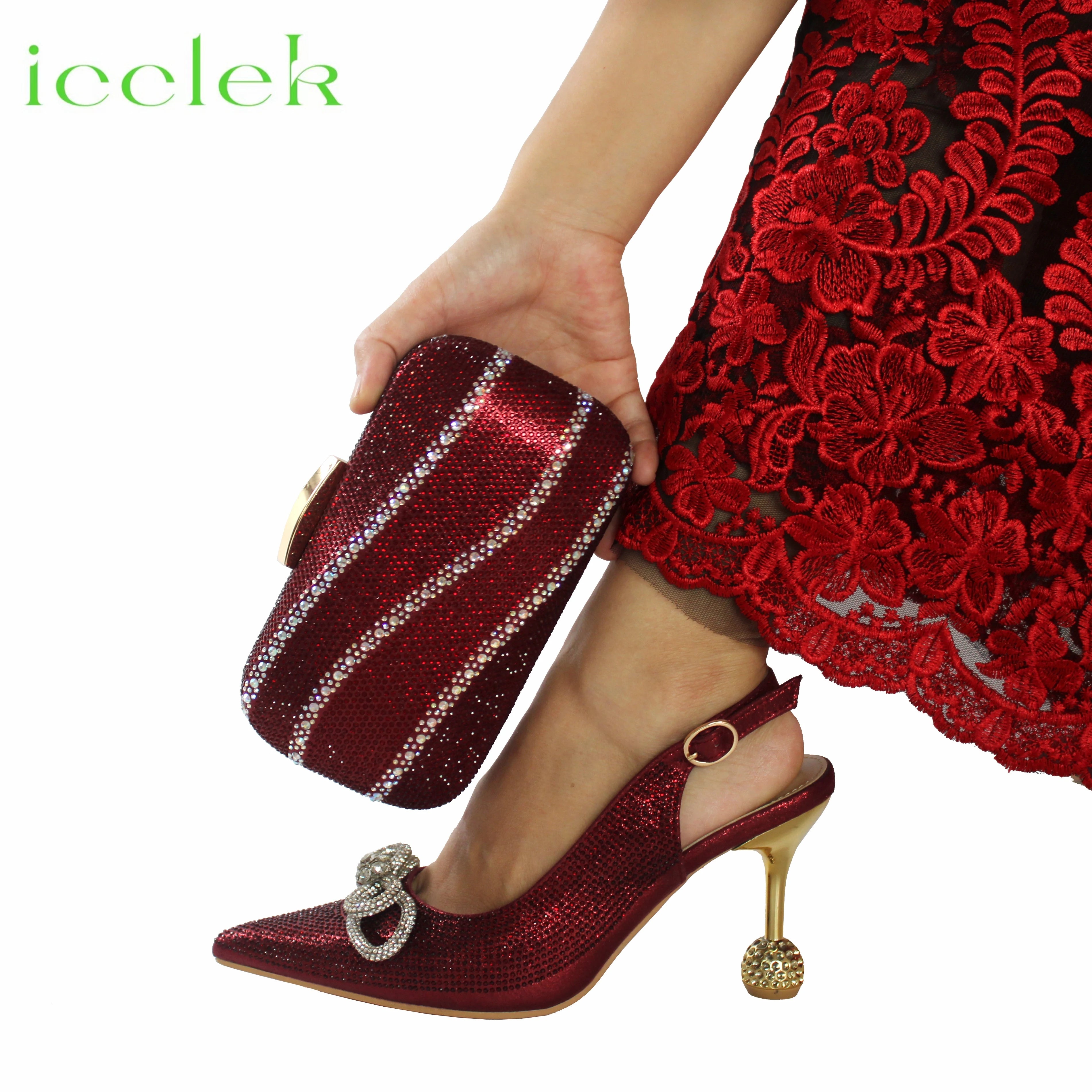 Wine Color Crystal Decoration Style Round Heels Friends Party Sandals and Bags