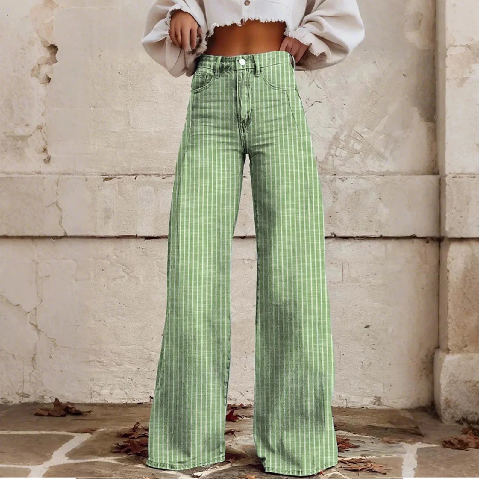 Women Bootcut Jeans Fashion Trendy Color Striped Wide Leg Straight Leg Mopping Pants Casual Street Style All-Match Denim Pants