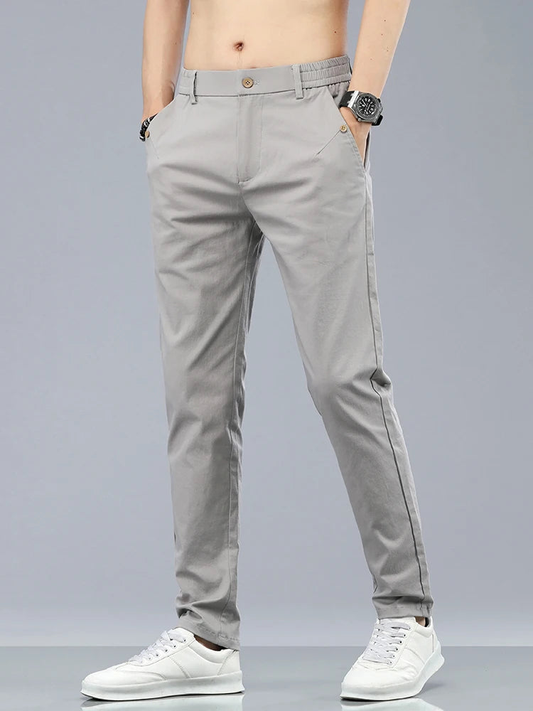Brand Clothing Men's Casual Pants 98% Cotton Thin Business Straight Slim Fit Classic Trousers Stretch Spring Summer Male Pants
