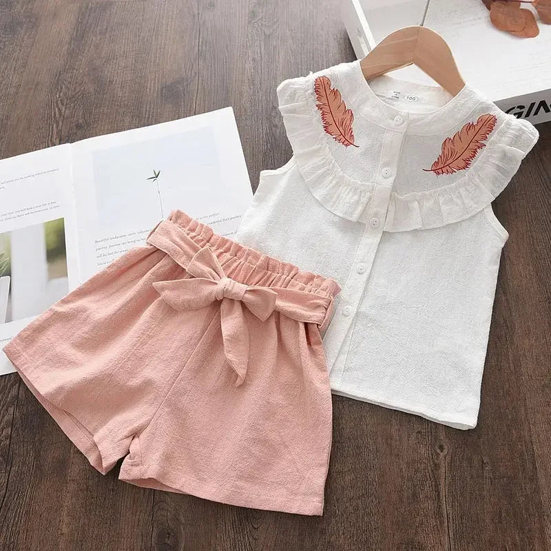 Casual Girl's Embroidered Sleeveless Shirt+Shorts