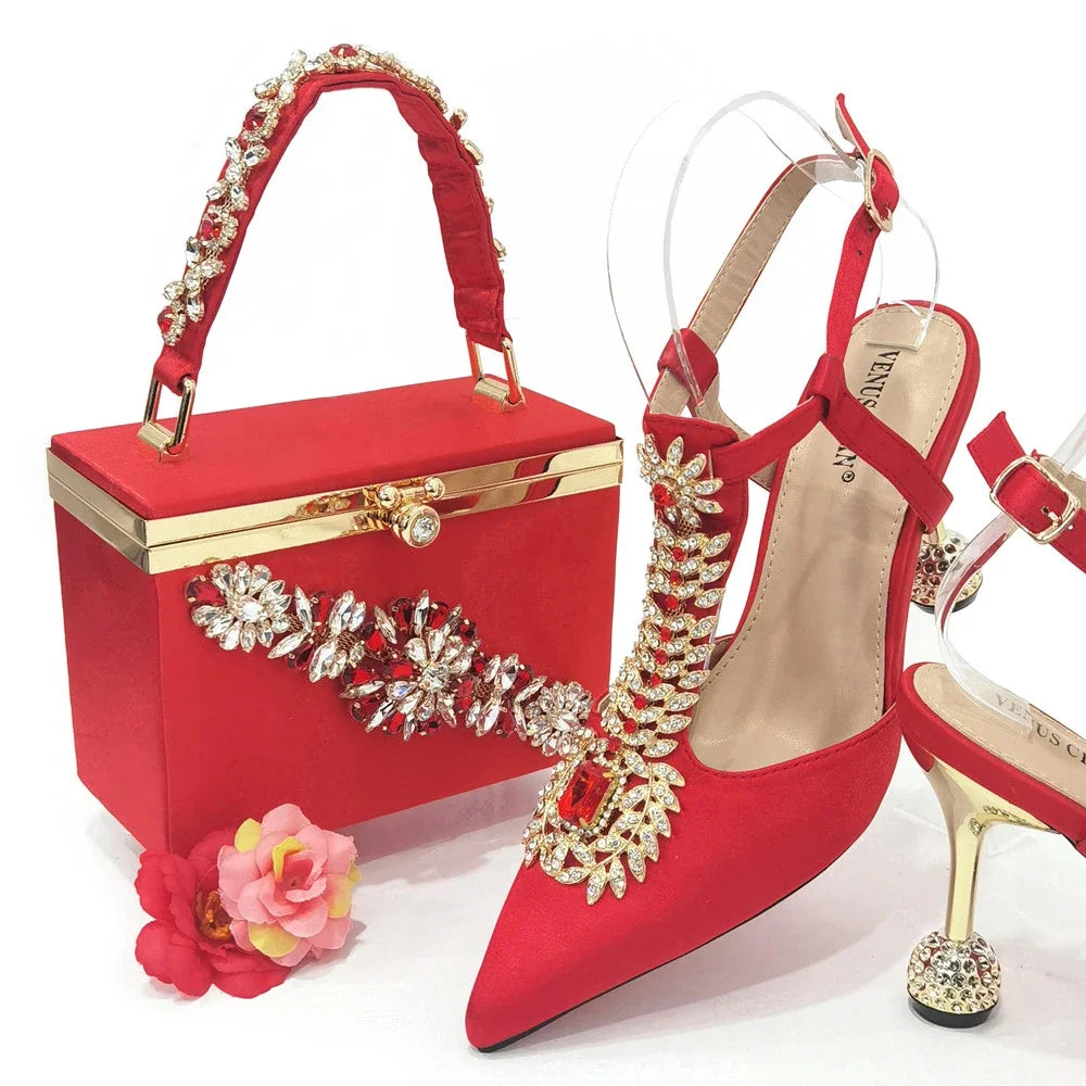 Pointed Toe Wedding Shoes And Bag, Full Diamond Decoration Metal Closure Bag