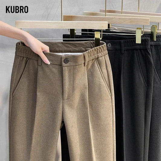 Men Thick Business Elastic Waist Classic Grey Brown Woolen Trousers Male