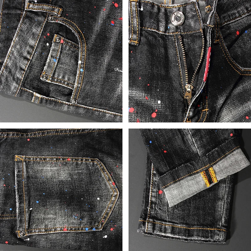 Men Jeans Retro Black Gray Slim Fit Ripped Jeans