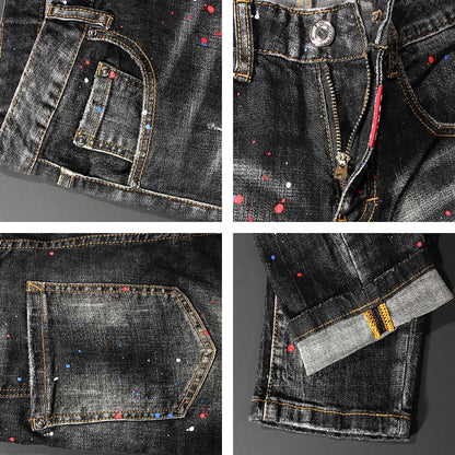 Men Jeans Retro Black Gray Slim Fit Ripped Jeans