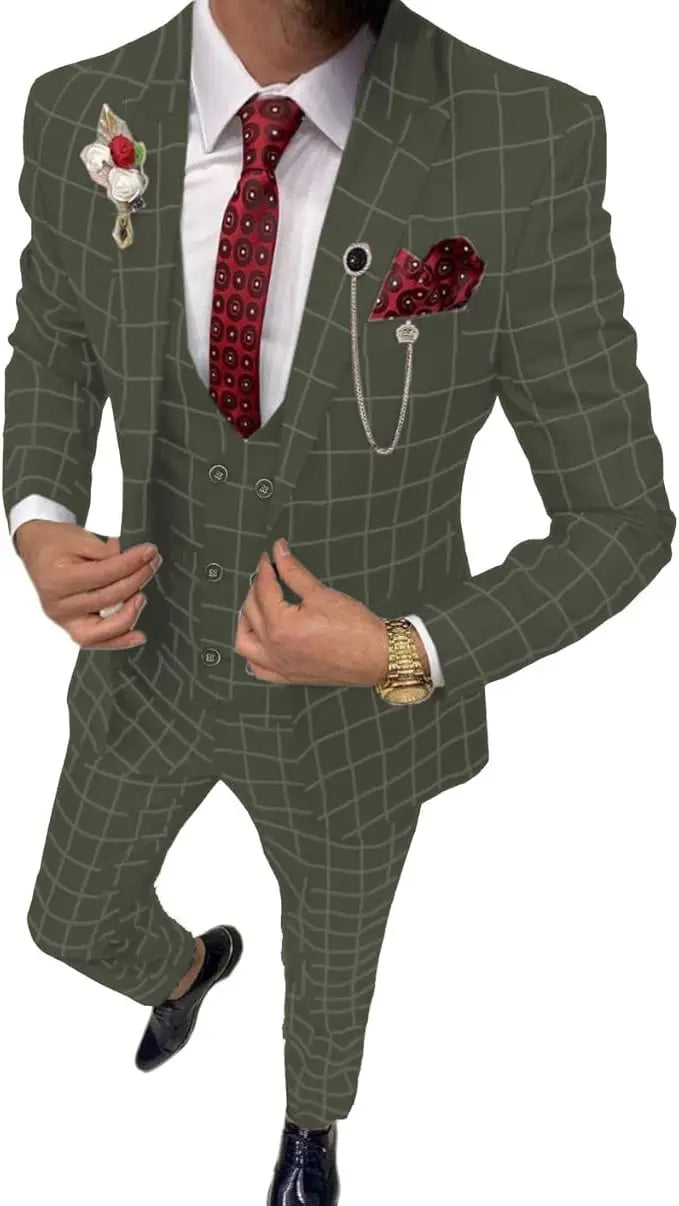 Elegant Men's Suit 3 Pieces Plaid Tuxedos