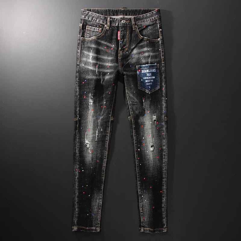 Men Jeans Retro Black Gray Slim Fit Ripped Jeans