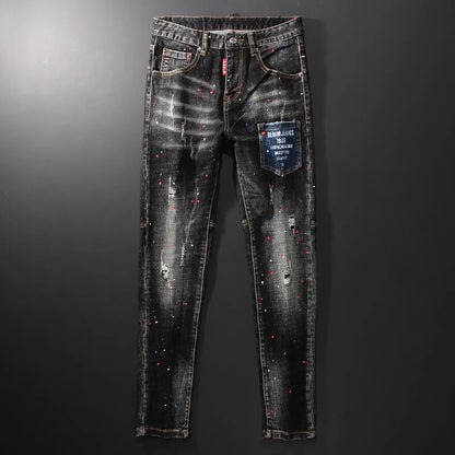 Men Jeans Retro Black Gray Slim Fit Ripped Jeans