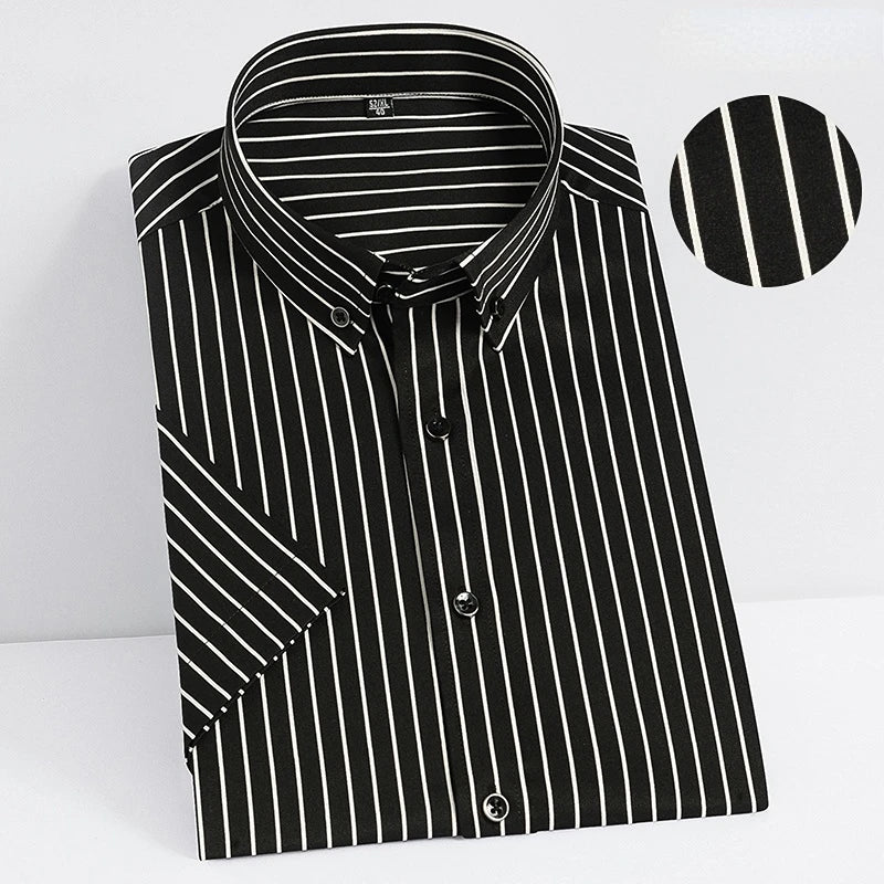 2023  Regular Fit Short Sleeve Strech Striped Shirts for Men Summer Soft Business Men's Dress Shirt Casual