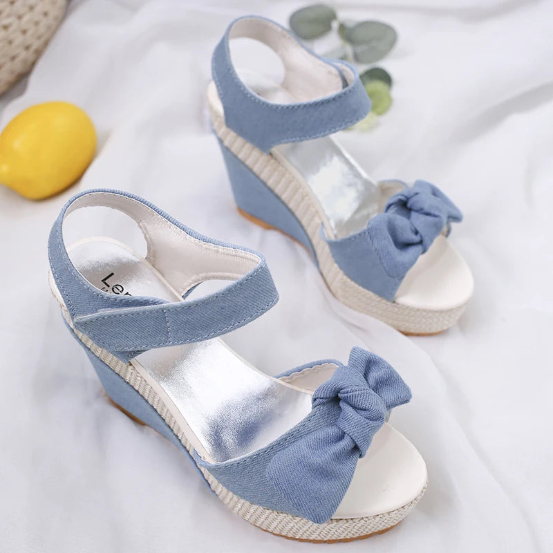 Brand New Ladies Platform Denim Sandals Fashion Bow Mixed Colors Wedges High Heels Women's Sandals Casual Party Woman Shoes