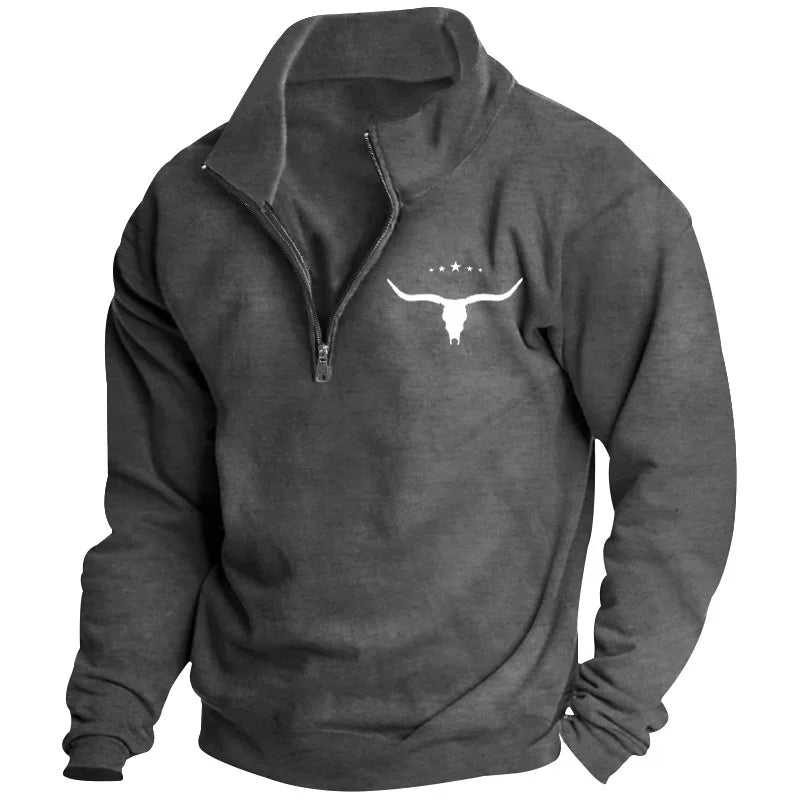 Men's Long-Sleeved Sweatshirt Autumn Winter Fleece European American Style Half-Zipper Stand-Up Collar Solid Color Bull Head Pri