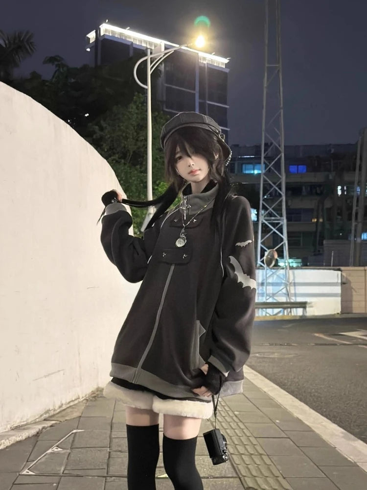 2000s Subculture Stand Neck Zip Up Hoodie Print Bat Loose Outwear Ropa Mujer Casual Fashion Korean Coats Harajuku Y2k Sweatshirt
