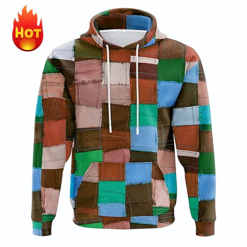 Y2K Men's Hoodie 3d Simulation Stitching Plaid Print Hooded Sweatshirts Pop Men Clothing Oversized Street New Designer Pullovers