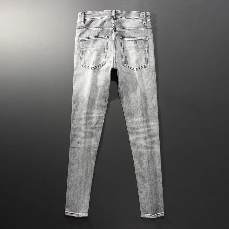 Men Jeans Retro Gray Elastic Stretch Skinny Ripped Jeans