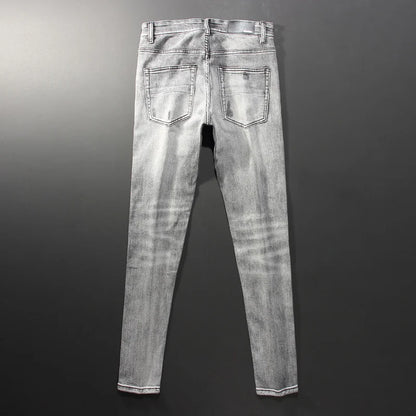 Men Jeans Retro Gray Elastic Stretch Skinny Ripped Jeans