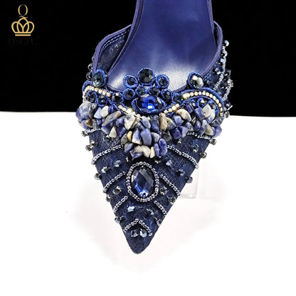 Elegant Women Heels Shoes And Bag Set Rhinestone with Coral Shoes