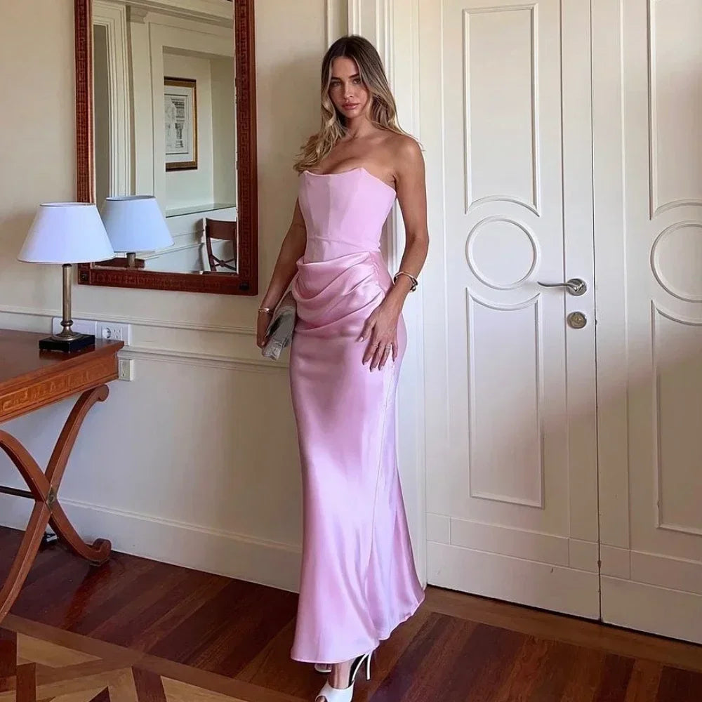 Women's Evening Dress Strapless Pink Prom Party Dresses