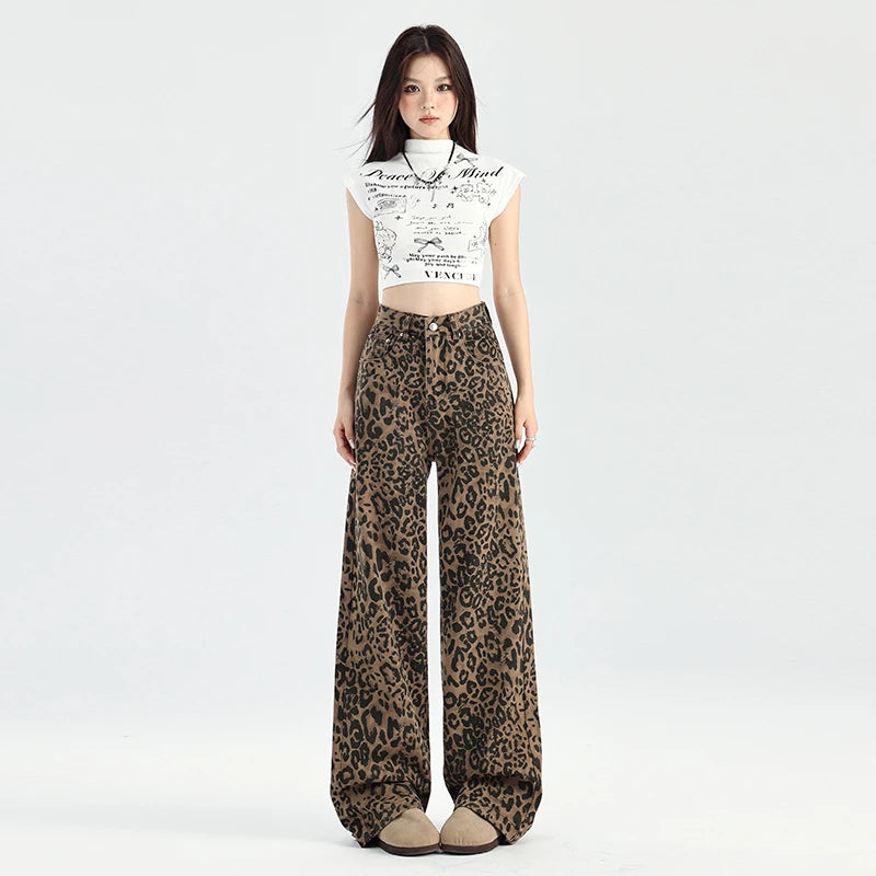 2025 Autumn New American Style High Waist Retro Leopard Print Jeans for Women Straight Loose Wide Leg Floor-Length Pants
