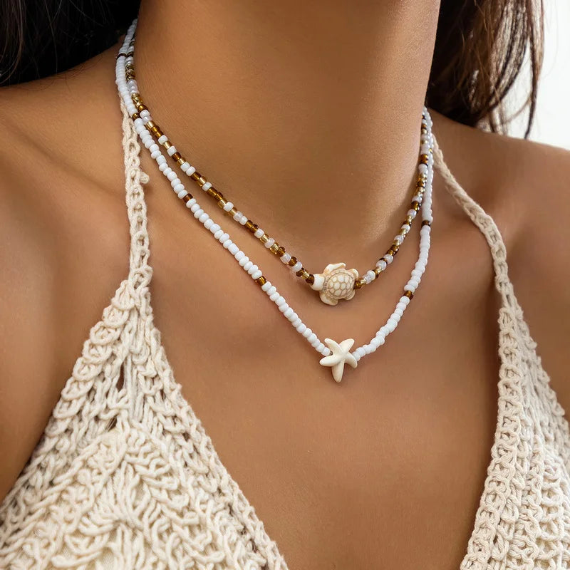Bohemian Double Rice Bead Chain Clavicle Necklace for Women