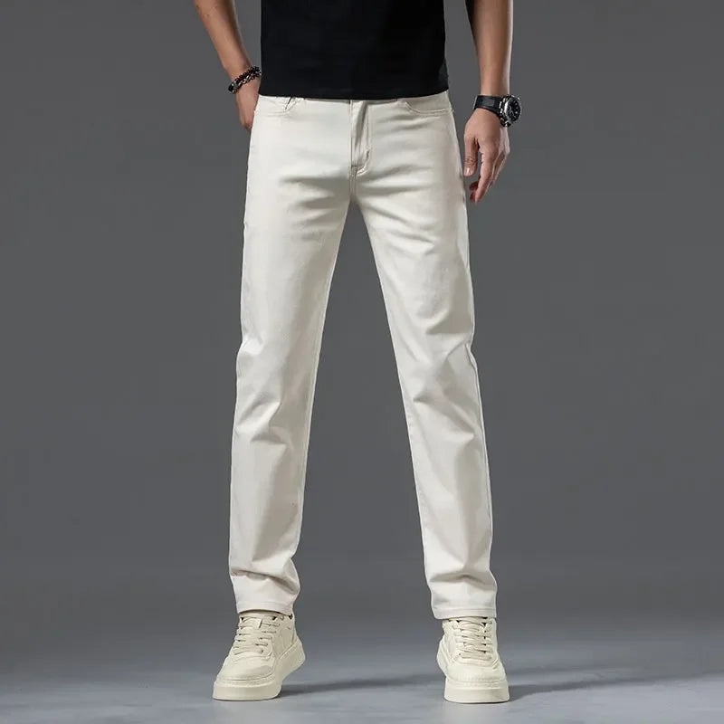 2024 New Summer Thin Men's Straight Denim Cotton Stretch Creamy-white Jeans Classic Business Pants Fashion Trousers Male Brand