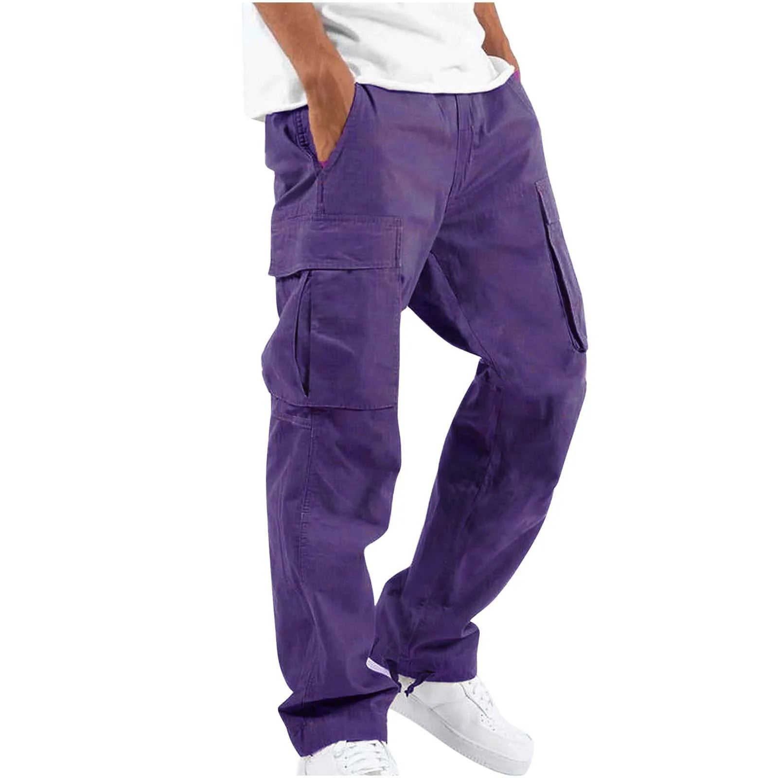 Cargo Pockets Casual Male High Elastic Waist Pocket Wide Leg Trousers