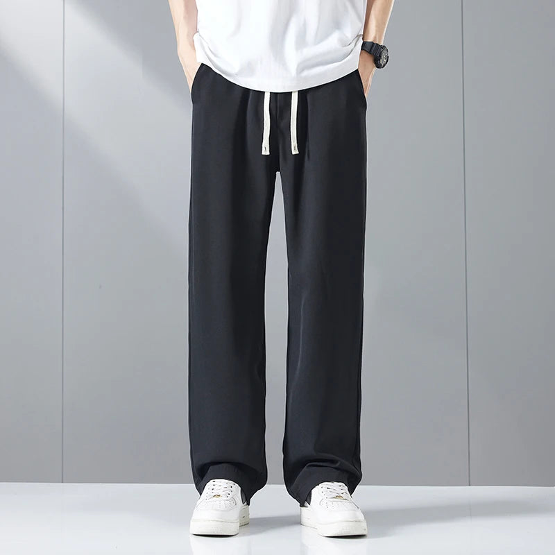 Size M-5XL Loose Straight Mens Casual Pants Fashion Streetwear Korean Cool Ice Silk Trousers Quick-dry Jogging Man Sweatpants