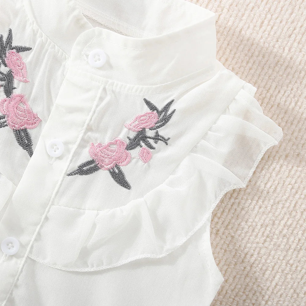 Baby Girl Flower Embroidery Sleeveless Top And Shorts