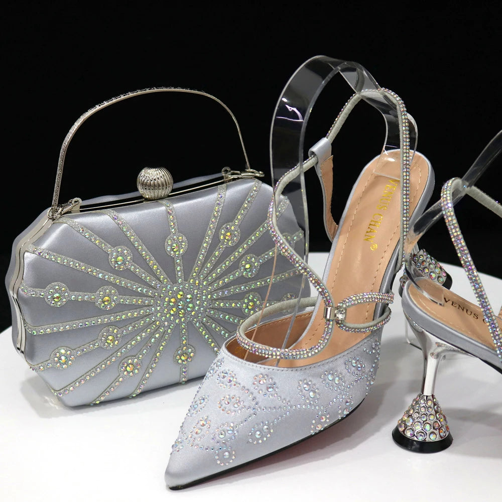 Ladies High Heels And Bags In Same Color Shiny Material for Wedding Party