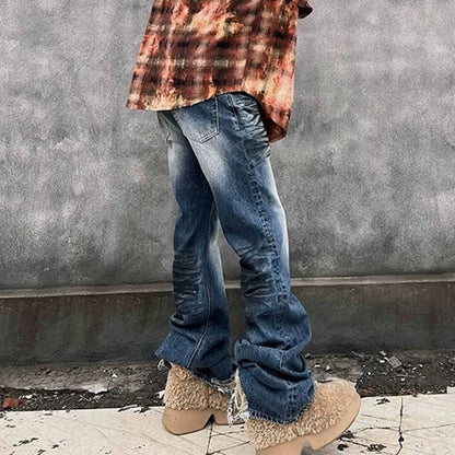 High Street Frayed Washed Blue Dirty Flare Jeans Pants for Men