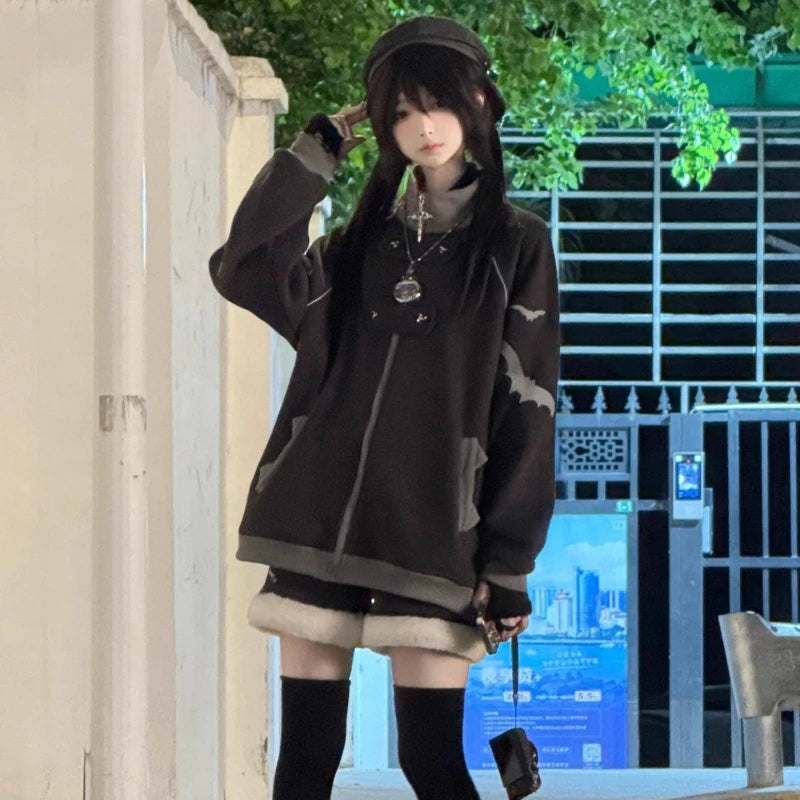 2000s Subculture Stand Neck Zip Up Hoodie Print Bat Loose Outwear Ropa Mujer Casual Fashion Korean Coats Harajuku Y2k Sweatshirt