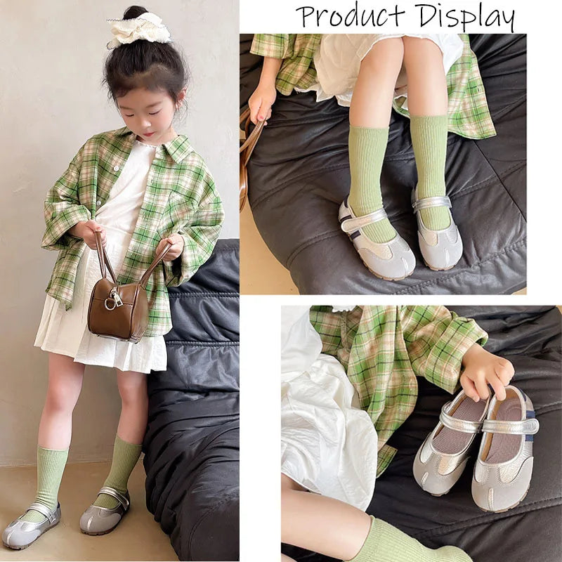 2025 New Children's Flats Simple Leather Shoes Versatile Kids Causal Fashion Shoes Vintage Trendy Girls Contrasting Bean Shoes