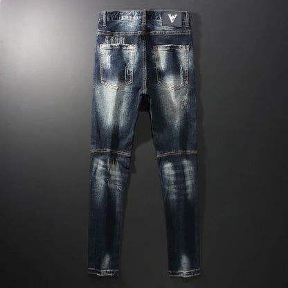 Men Jeans Retro Black Blue Elastic Slim Fit Ripped Jeans