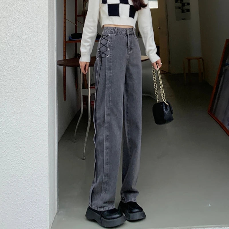 Casual Jeans Women Denim Pants Straight Trousers Autumn Spring Fashion Female Vintage Solid Lace Up Jeans Wide Leg Pants
