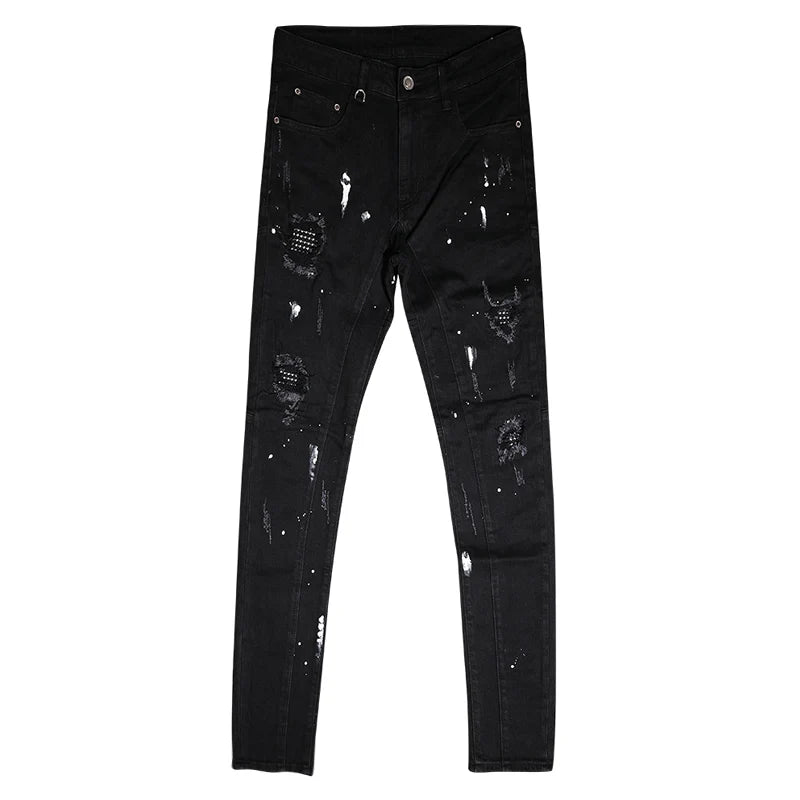 Men Jeans Black Color Stretch Elastic Slim Fit Painted Ripped Jeans