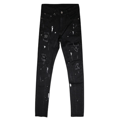 Men Jeans Black Color Stretch Elastic Slim Fit Painted Ripped Jeans
