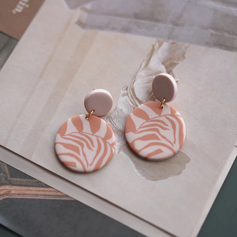 Floral Leaf Zebra Pattern Dangle Pendant Clay Earrings