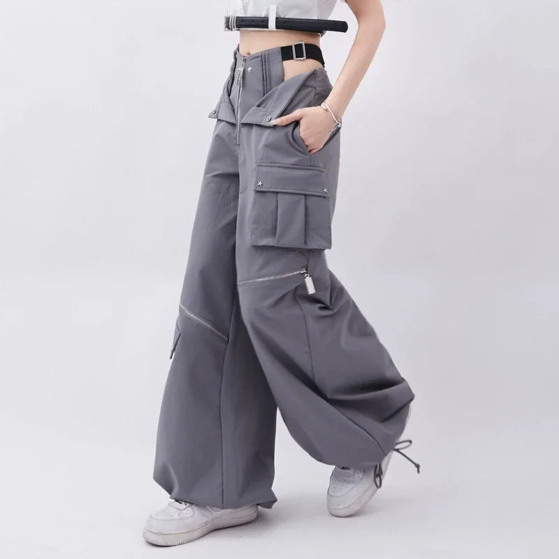 Grey Cargo pants female casual original retro multi zip pocket