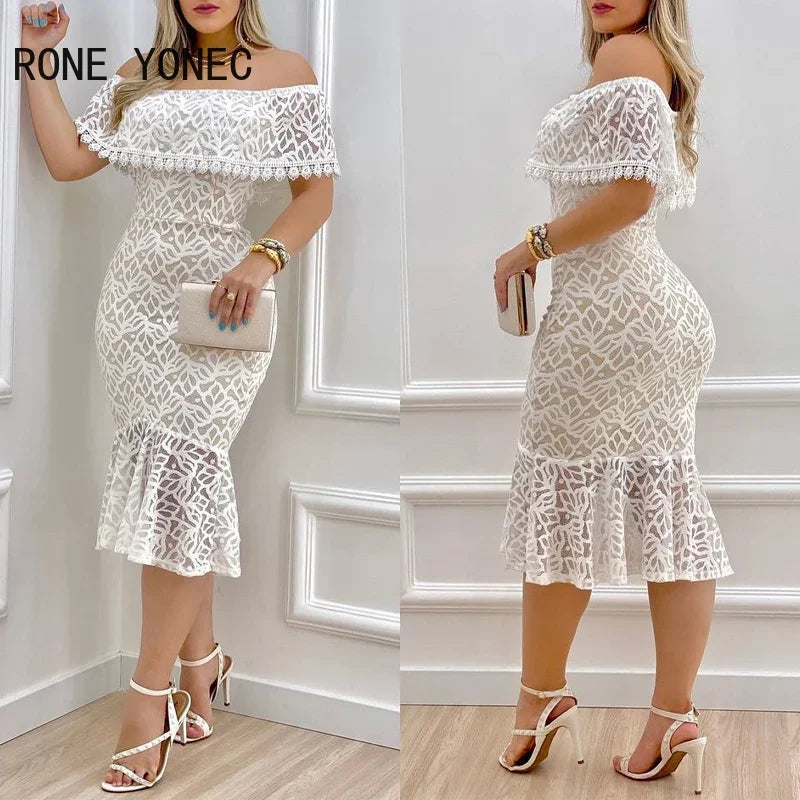 Solid Chic Off Shoulder Ruffle Hem Lace Hem Bodycon Party Dress