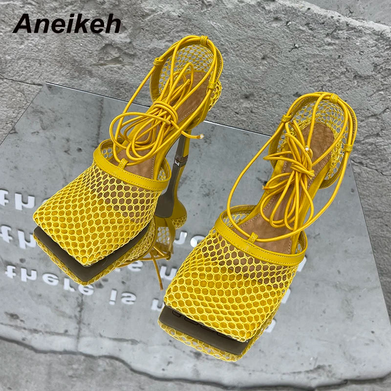 Aneikeh 2025 Summer Sexy Mesh Pumps Sandals Female Square Toe High Heel Lace Up Cross-Tied Stiletto Hollow Dress Party Shoes