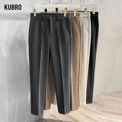Men Thick Business Elastic Waist Classic Grey Brown Woolen Trousers Male