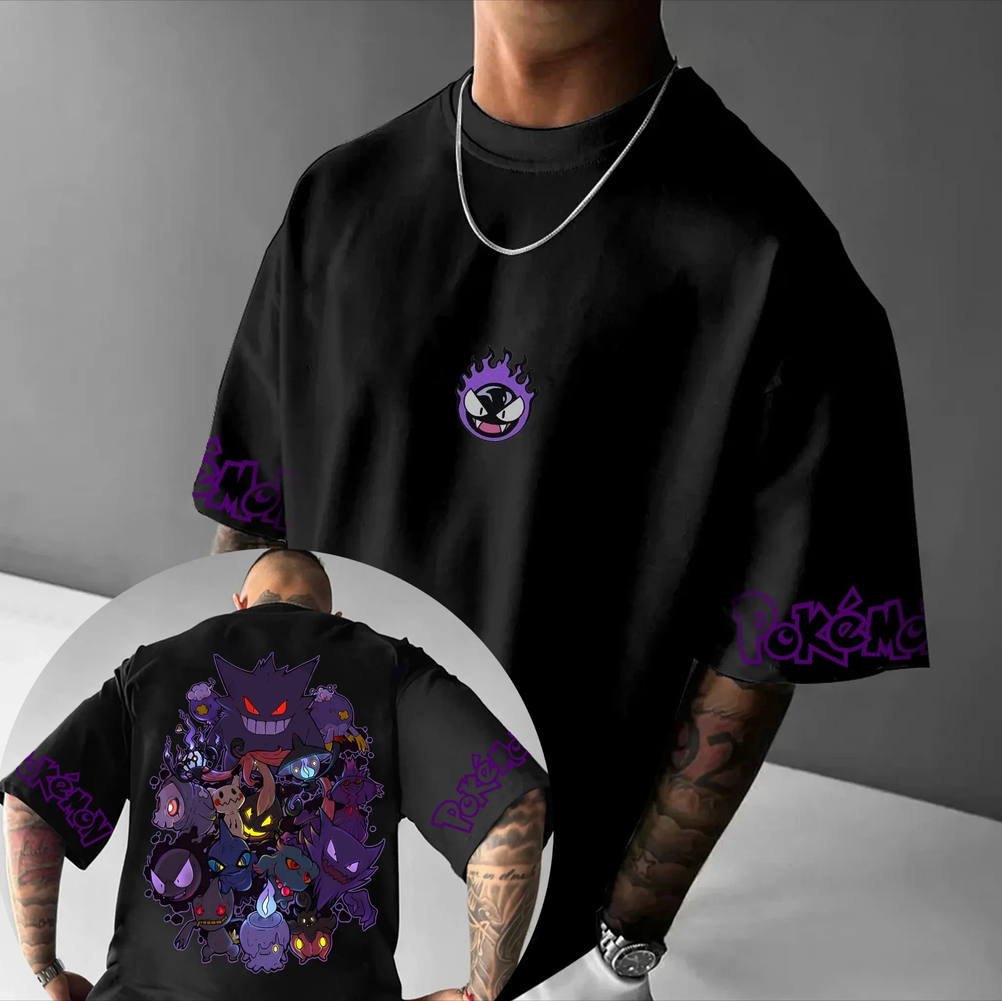 Pokémon Animation Derivatives Gengar Printing T-shirt Men's and Women's Summer Oversize Loose Cotton Street Trend Brand Top