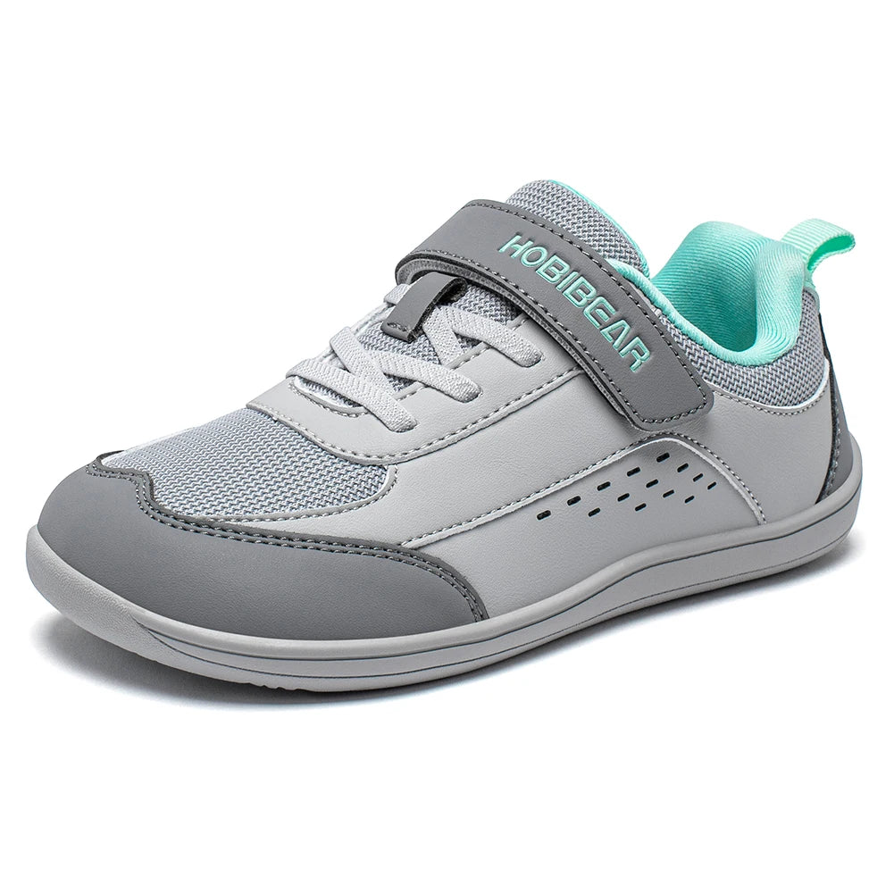 HOBIBEAR Kids Wide Toe Shoes Big Kid Barefoot Hook Loop Minimalist Sneakers Artificial Leather Mesh Shoes