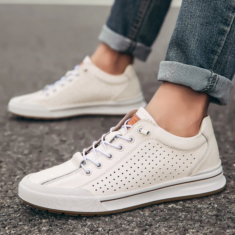 New Men's Leather Breathable Casual Shoe  Outdoor Perforated Laced Flat Shoe  Lightweight  Soft -Soled Comfortable Walking Shoes