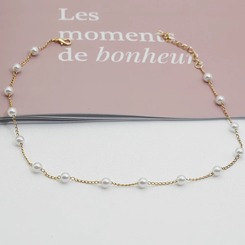 Beads Women's Neck Chain Kpop Pearl Lace Gold Color Goth Choker Jewelry