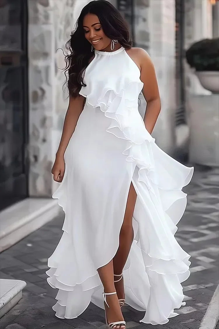 Sleeveless Layered Ruffled Solid Color Split-Side Elegant Party Evening Dresses